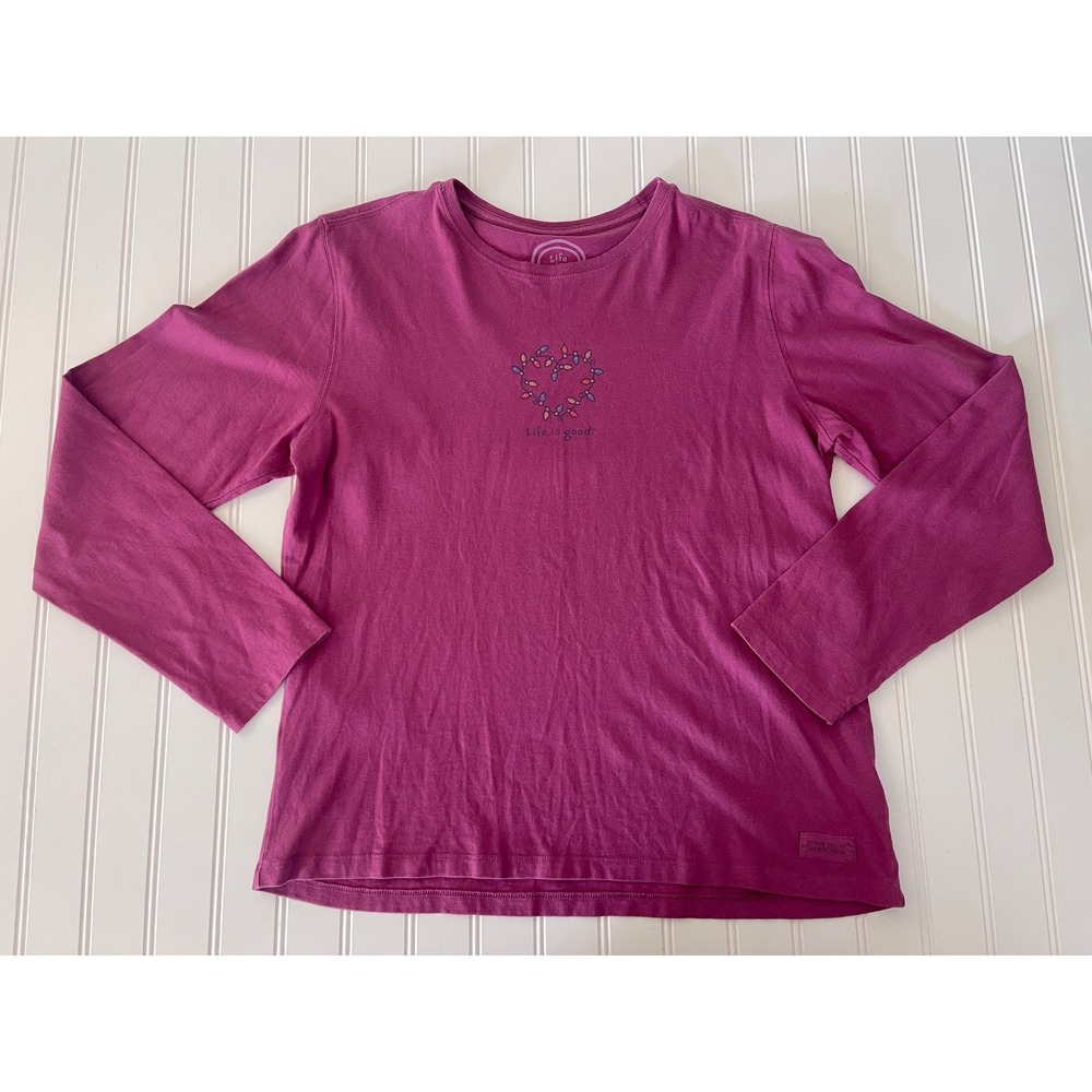 Life is Good Womens Long Sleeve Heart Holiday Lights Berry T Shirt Medium